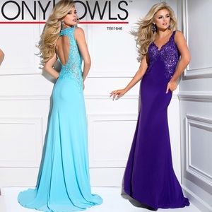 Open back long fitted Tony Bowls dress